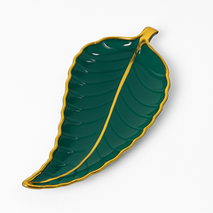 1Pc Leaf Platter Single – Green & White | Luxury Ceramic Serving Tray - Habitt