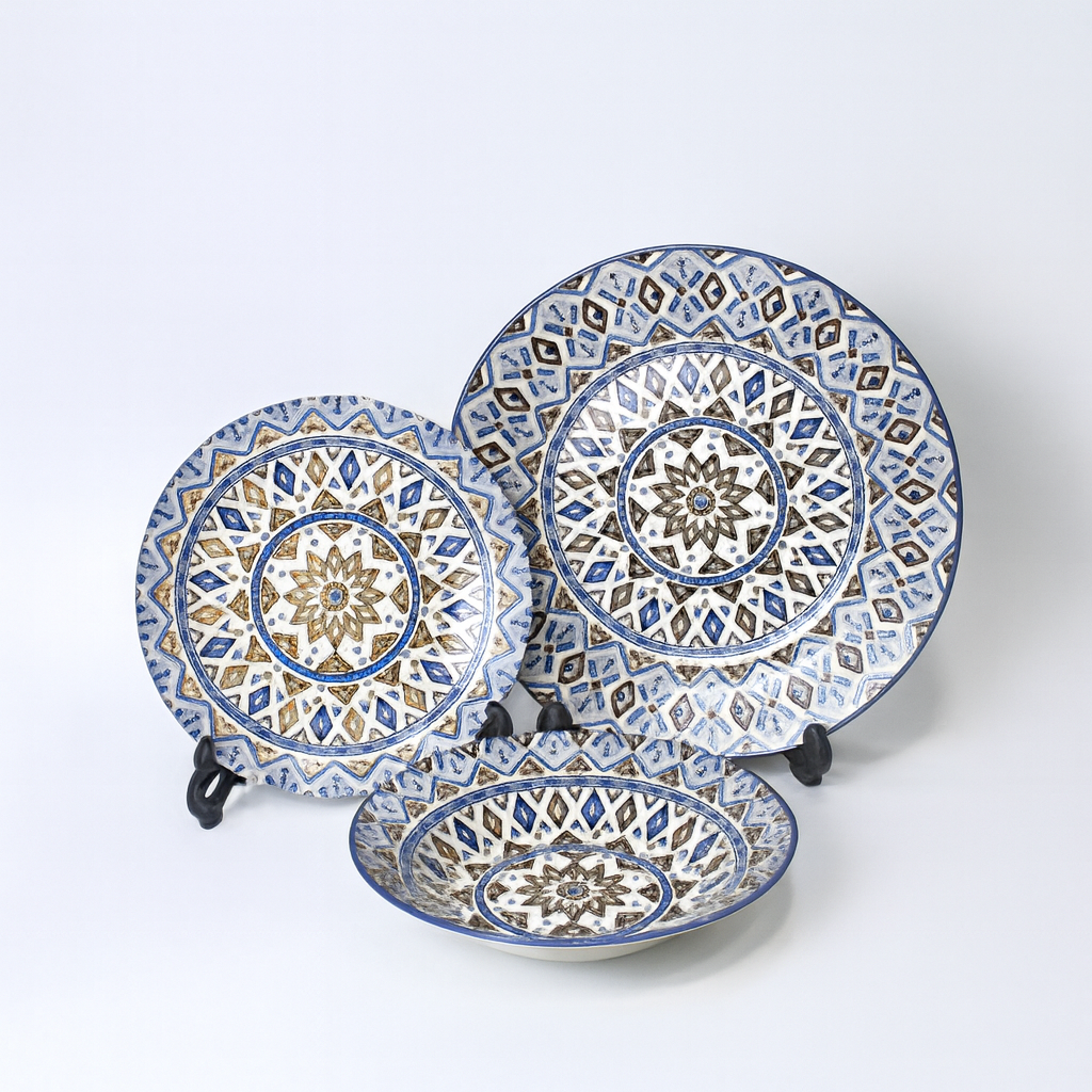 6 Person (18pcs) Blue Floral & Geometric Border Plate Set – Elegant Ceramic Dinnerware Collection - Habitt