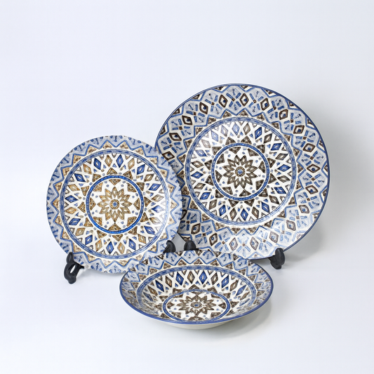 6 Person (18pcs) Blue Floral & Geometric Border Plate Set – Elegant Ceramic Dinnerware Collection - Habitt