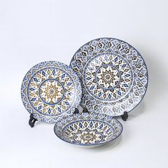 6 Person (18pcs) Blue Floral & Geometric Border Plate Set – Elegant Ceramic Dinnerware Collection - Habitt