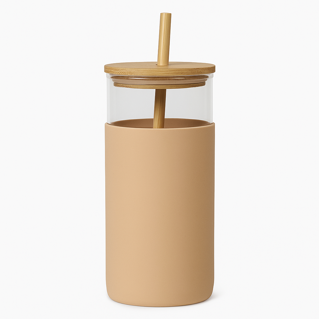 1Pc 500ml Straw Glass Bottle – Reusable with Wooden Lid & Silicone Sleeve (Green, Pink, Blue, Beige) - Habitt