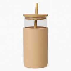 1Pc 500ml Straw Glass Bottle – Reusable with Wooden Lid & Silicone Sleeve (Green, Pink, Blue, Beige) - Habitt