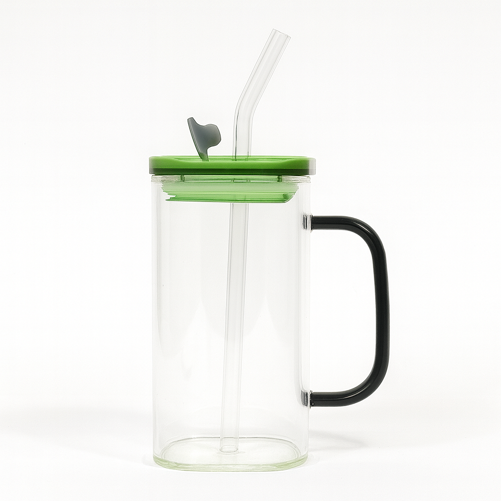 250ml Straw Glass – Clear Borosilicate with Handle, Lid & Reusable Straw (Green, Brown, Blue,Transparent) - Habitt