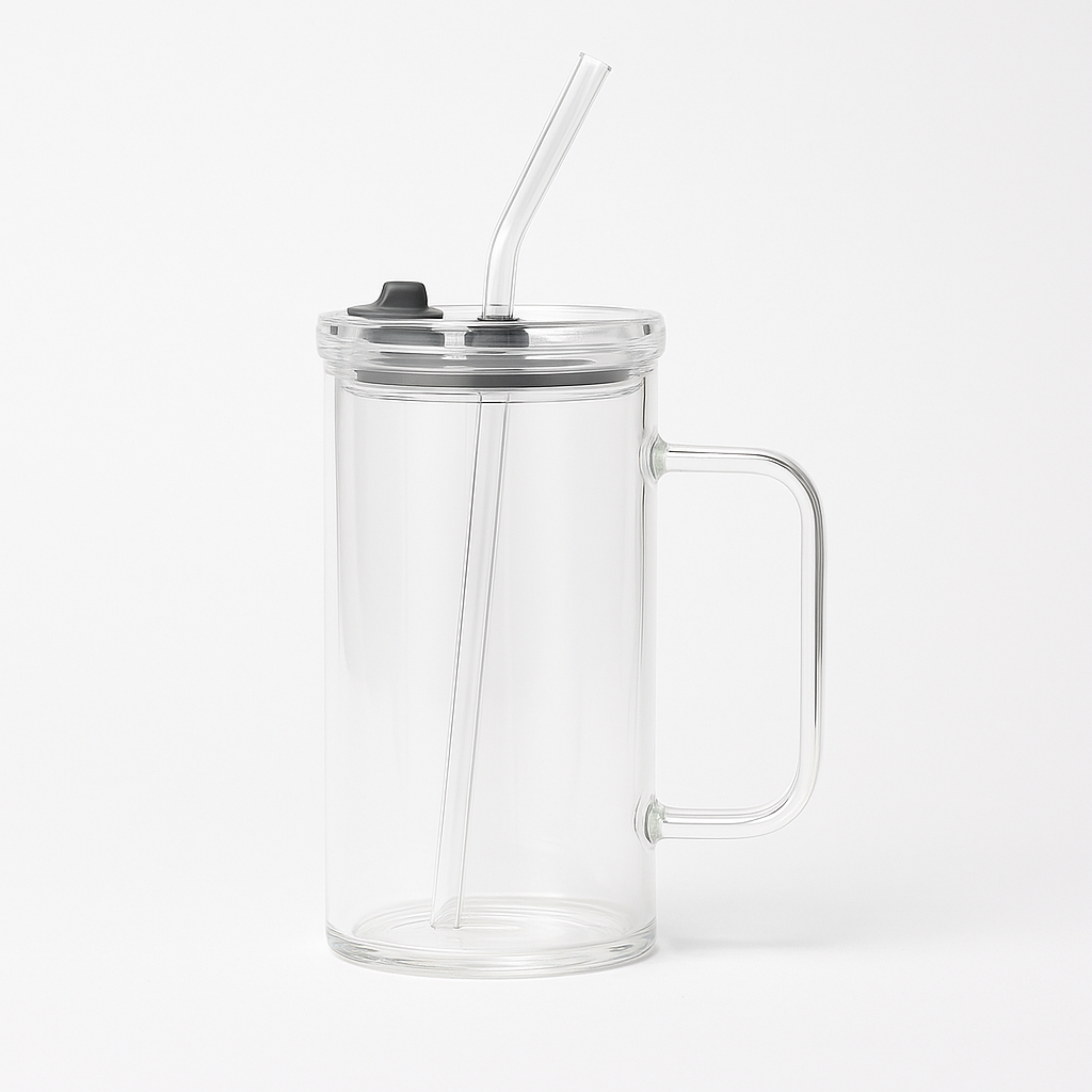 250ml Straw Glass – Clear Borosilicate with Handle, Lid & Reusable Straw (Green, Brown, Blue,Transparent) - Habitt