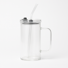 250ml Straw Glass – Clear Borosilicate with Handle, Lid & Reusable Straw (Green, Brown, Blue,Transparent) - Habitt