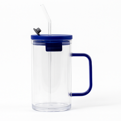 250ml Straw Glass – Clear Borosilicate with Handle, Lid & Reusable Straw (Green, Brown, Blue,Transparent) - Habitt