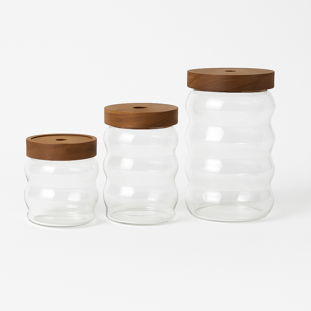 3Pc Glass Jar Set – Airtight with Wooden Lid (KDJ-01) - Habitt