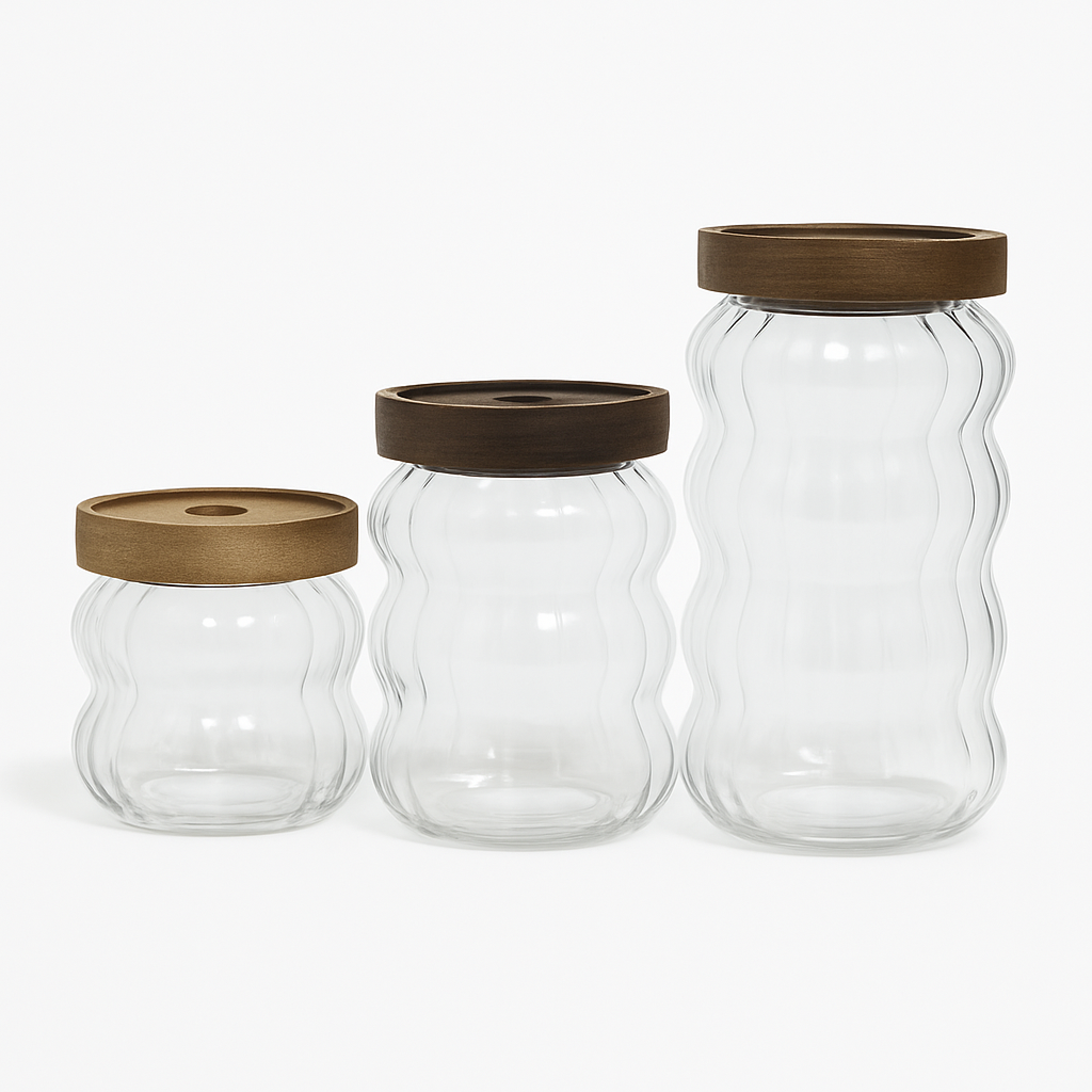 3 Pcs Glass Jar Set with Wooden Lid – Airtight Kitchen Storage Containers (KDJ-02) - Habitt