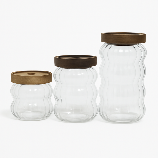 3 Pcs Glass Jar Set with Wooden Lid – Airtight Kitchen Storage Containers (KDJ-02) - Habitt