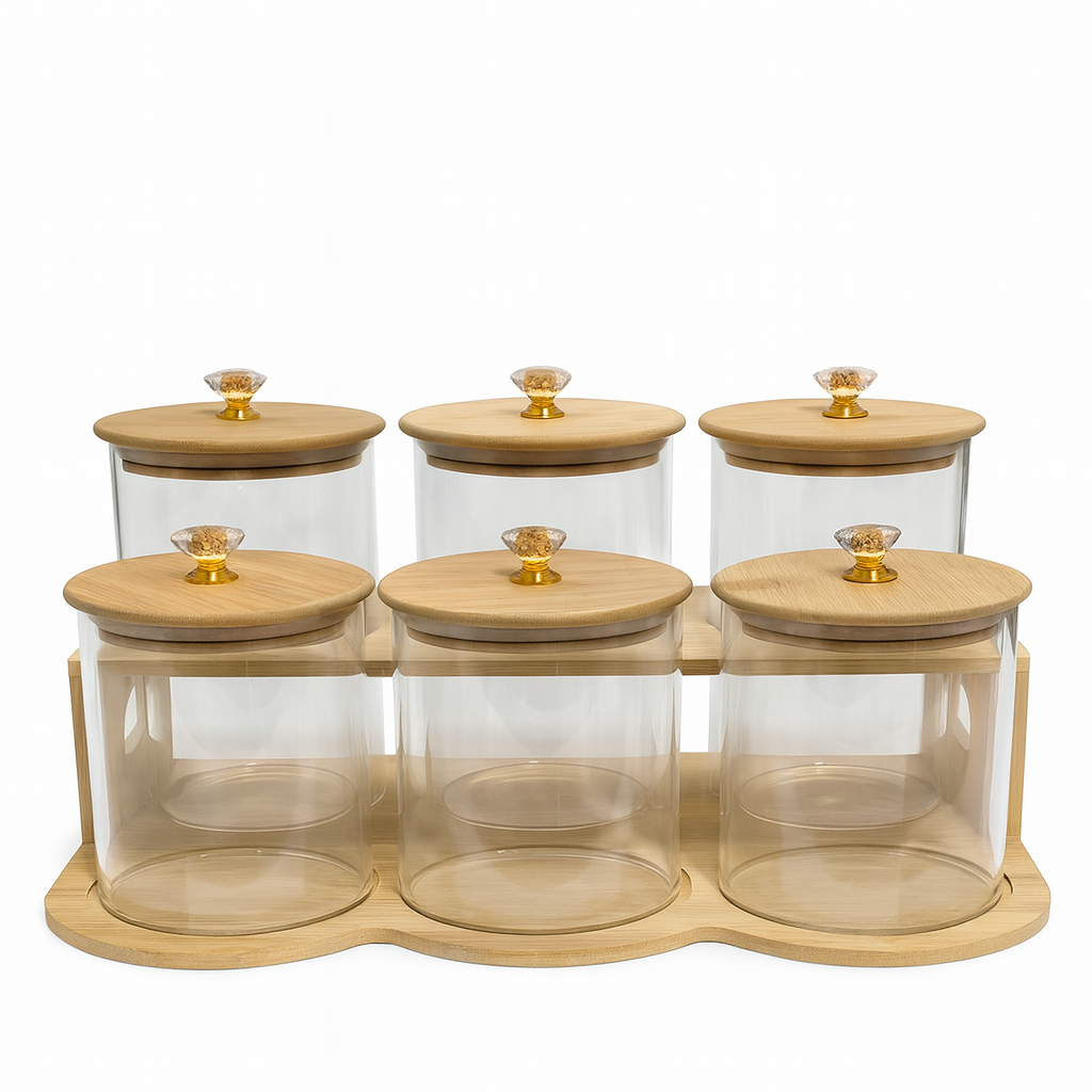 6Pcs Glass Jar Set with Wooden Stand – Airtight Kitchen Storage Containers - Habitt