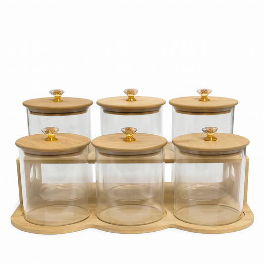 6Pcs Glass Jar Set with Wooden Stand – Airtight Kitchen Storage Containers - Habitt