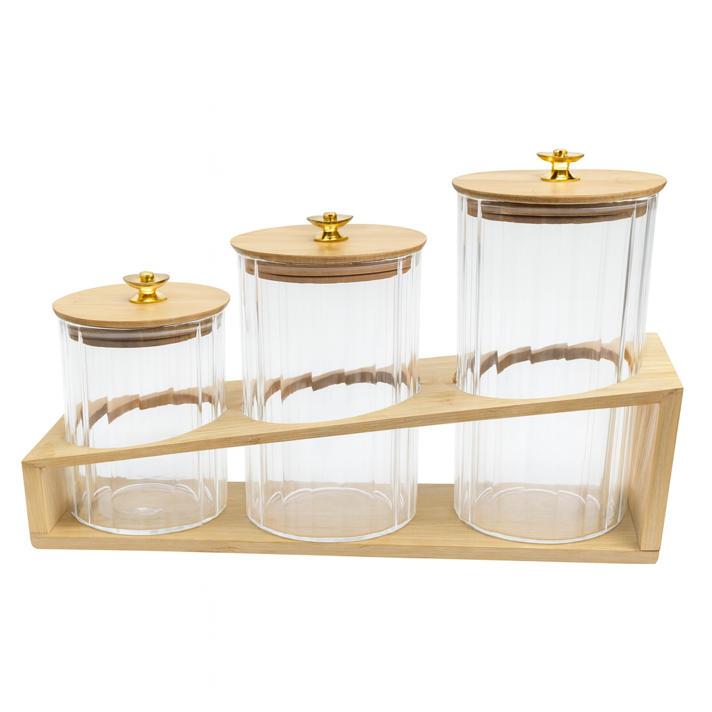 3 Pcs Glass Jar Set with Wooden Stand – Airtight Kitchen Storage Containers - Habitt