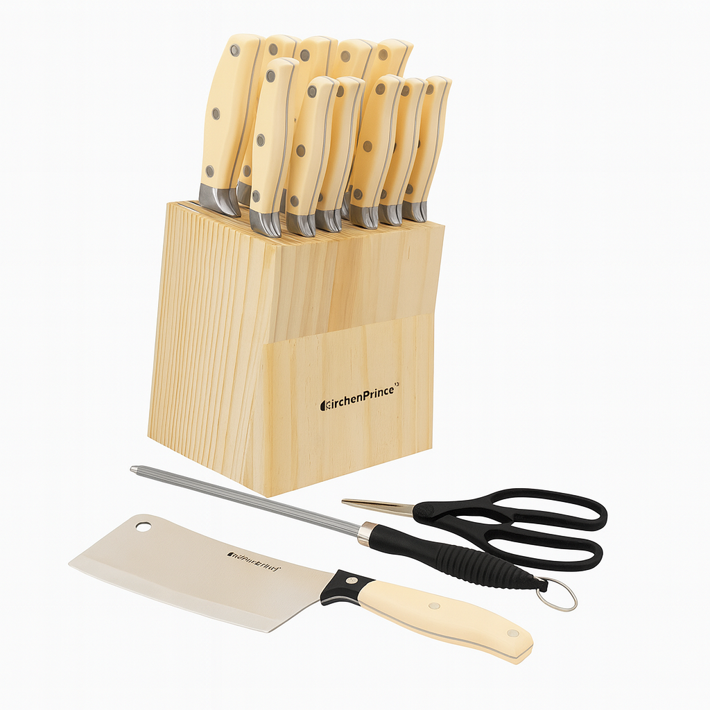 15 Pcs Stainless Steel Knife Set with Wooden Storage Block – Kitchen Prince - Habitt