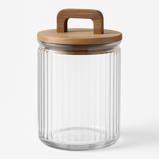 Small Lining Glass Storage Jar with Wooden Handle Lid – Transparent Container - Habitt