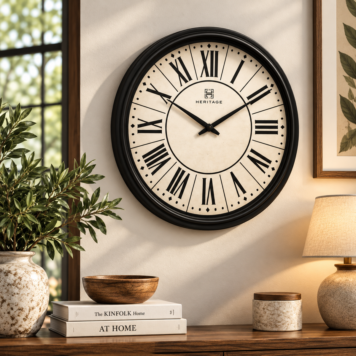 Heritage “Moon Time” Wall Clock 20" – Vintage Roman Numeral Design with Black Plastic Frame