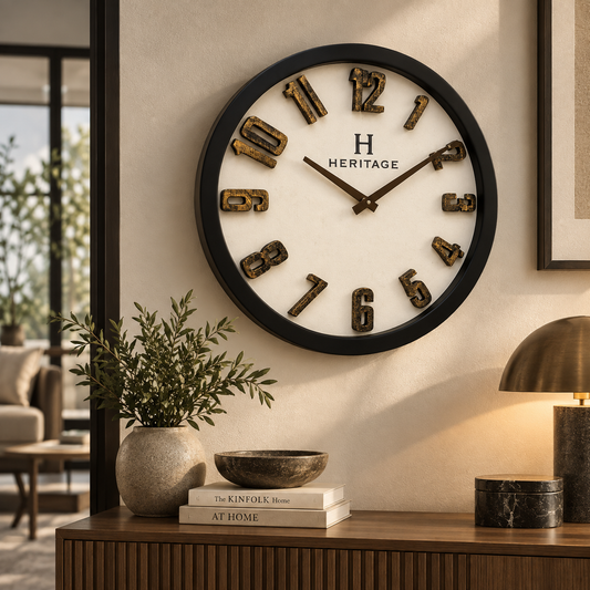 Heritage “Albino” Wall Clock – 20-Inch Rustic Decorative Clock with Black Plastic Frame & Raised 3D Numbers