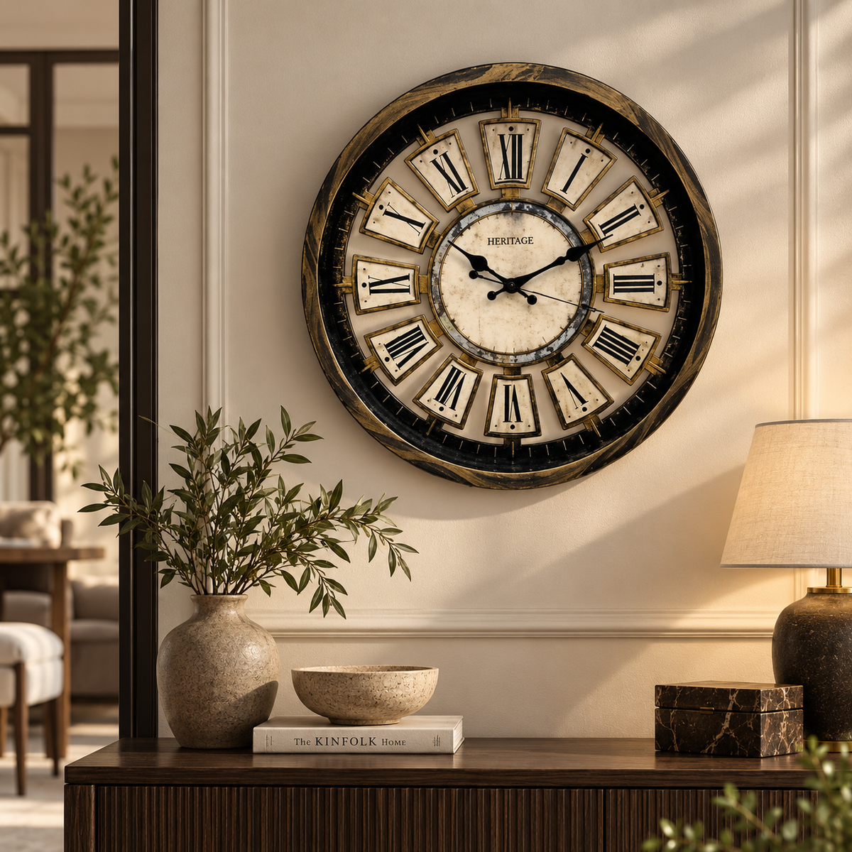 Heritage Wall Clock Numeral – 14-Inch Antique Gold Roman Numeral Wall Clock with Vintage Plastic Frame