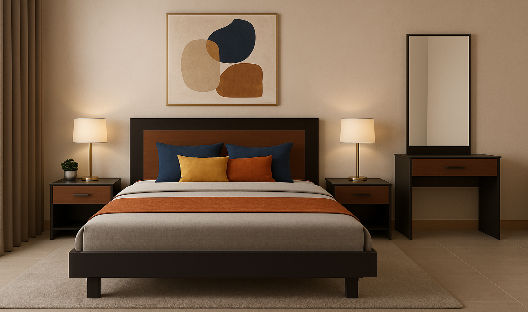 Ozmane Dark tune Set  (bed with sides, dresser and mirror) - Habitt