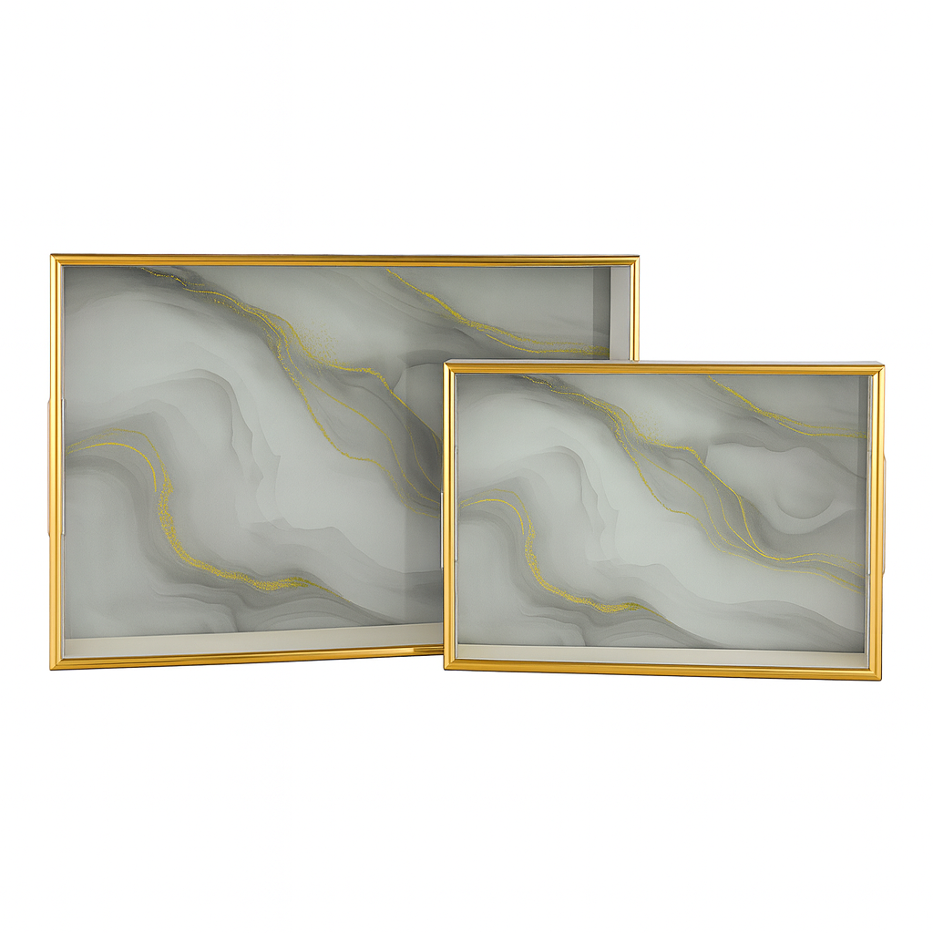 2 Pcs Glass Tray Set – Marble Design with Golden Frame - Habitt