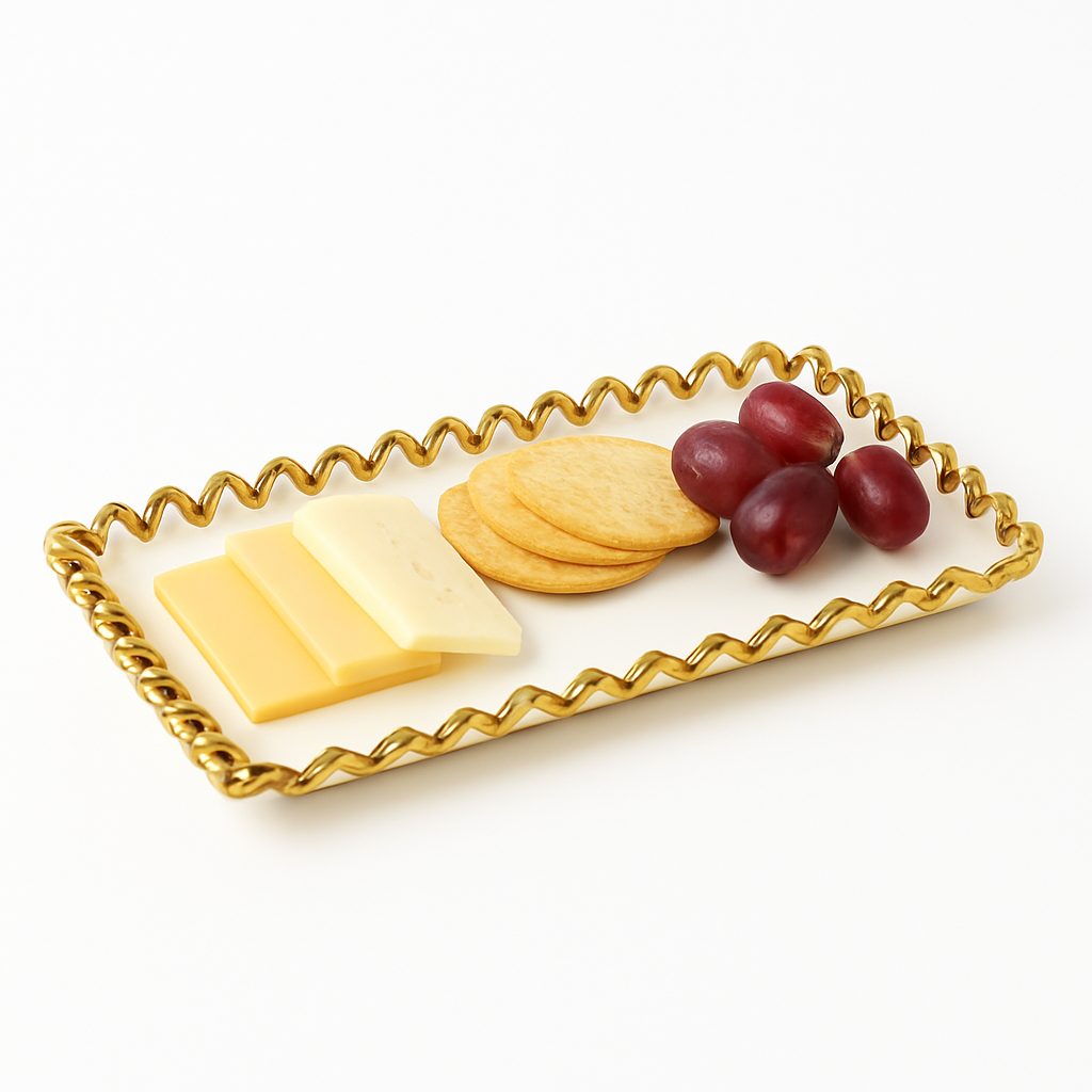 Super Dine Rectangular Serving Dish – White Tray with Gold Ruffle Edges - Habitt