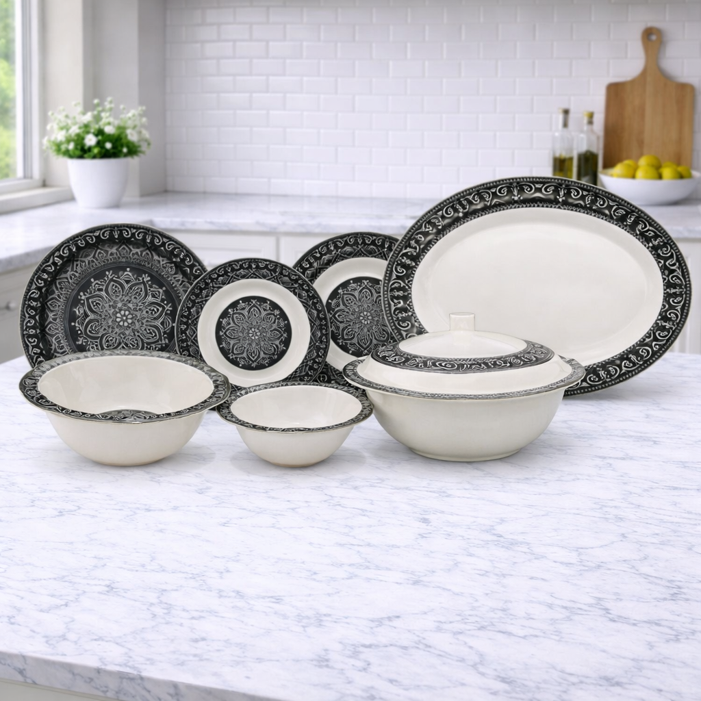Noir Chic Dinner Set – Modern Mandala Elegance for Sophisticated Dining (22 / 30 / 43 PCS) - Habitt