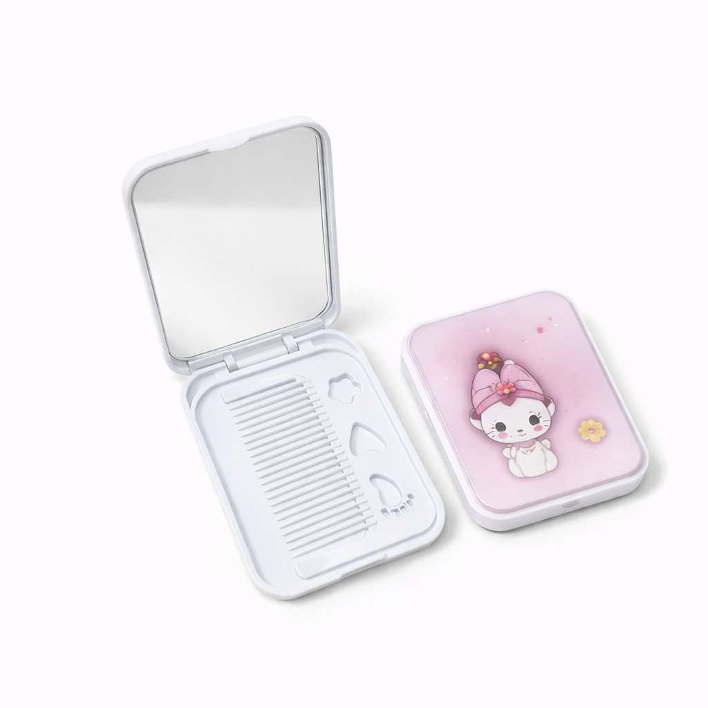 1 PC Kids Cartoon Comb Plus Mirror Set – Cute Portable Folding Hair Brush with Compact Mirror for Girls (Assorted) - Habitt