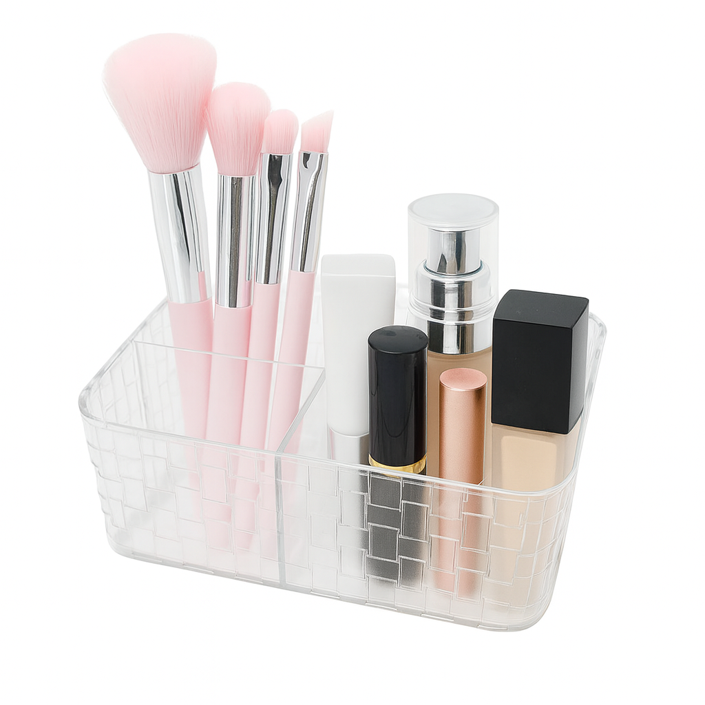 Clear Acrylic Cosmetic Organizer – Woven Design Storage Box with Compartments - Habitt