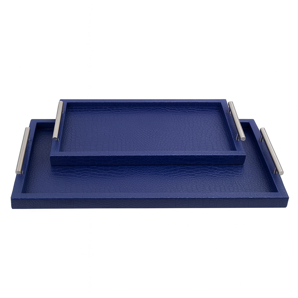 Luxury Blue Leather Serving Tray Set (2 Pieces) – Textured Finish with Metal Handles - Habitt