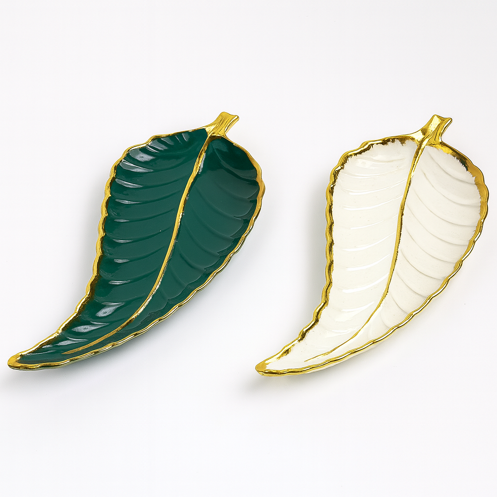 1Pc Leaf Platter Single – Green & White | Luxury Ceramic Serving Tray - Habitt