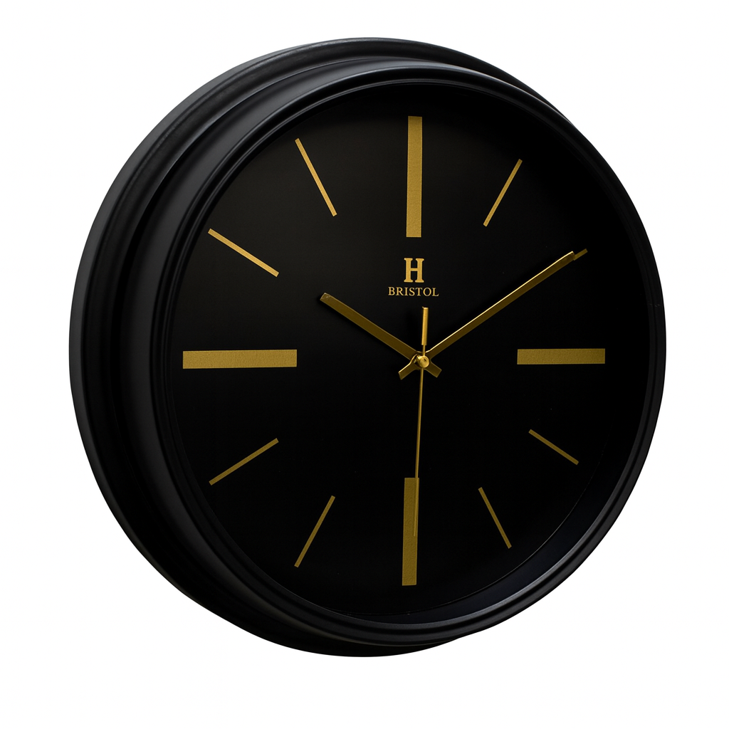 Modern Black & Gold Wall Clock – 14.5-Inch “Bristol” Decorative Clock with Sleek Plastic Frame - Habitt