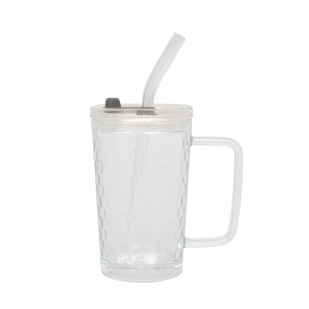 250ml Straw Glass – Clear Textured Borosilicate with Handle, Lid & Reusable Straw - Habitt