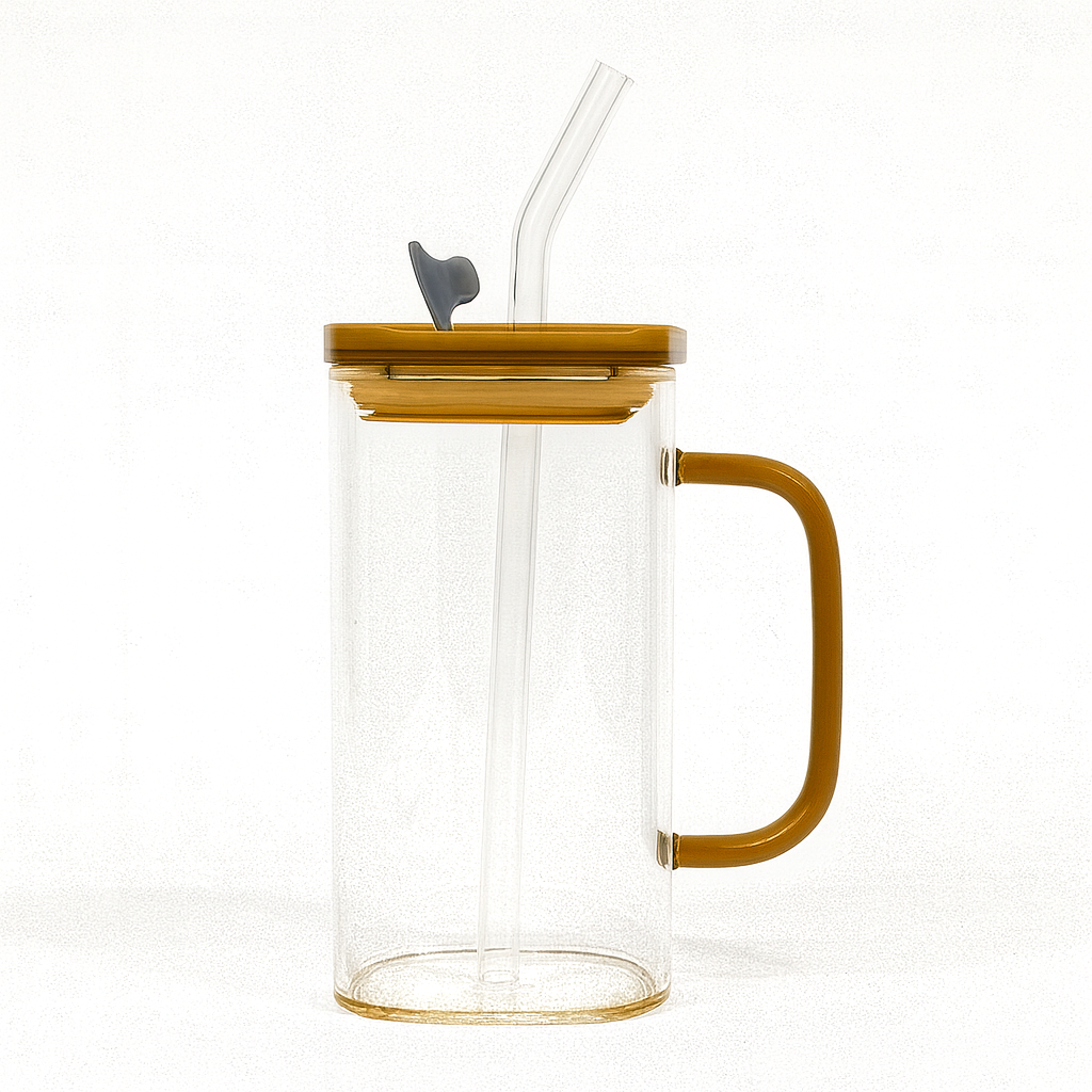 250ml Straw Glass – Clear Borosilicate with Handle, Lid & Reusable Straw (Green, Brown, Blue,Transparent) - Habitt