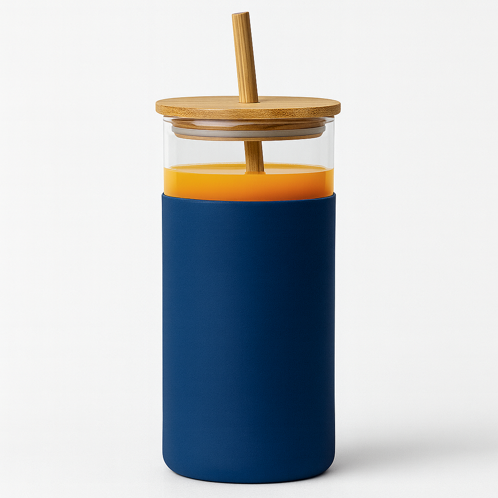 1Pc 500ml Straw Glass Bottle – Reusable with Wooden Lid & Silicone Sleeve (Green, Pink, Blue, Beige) - Habitt