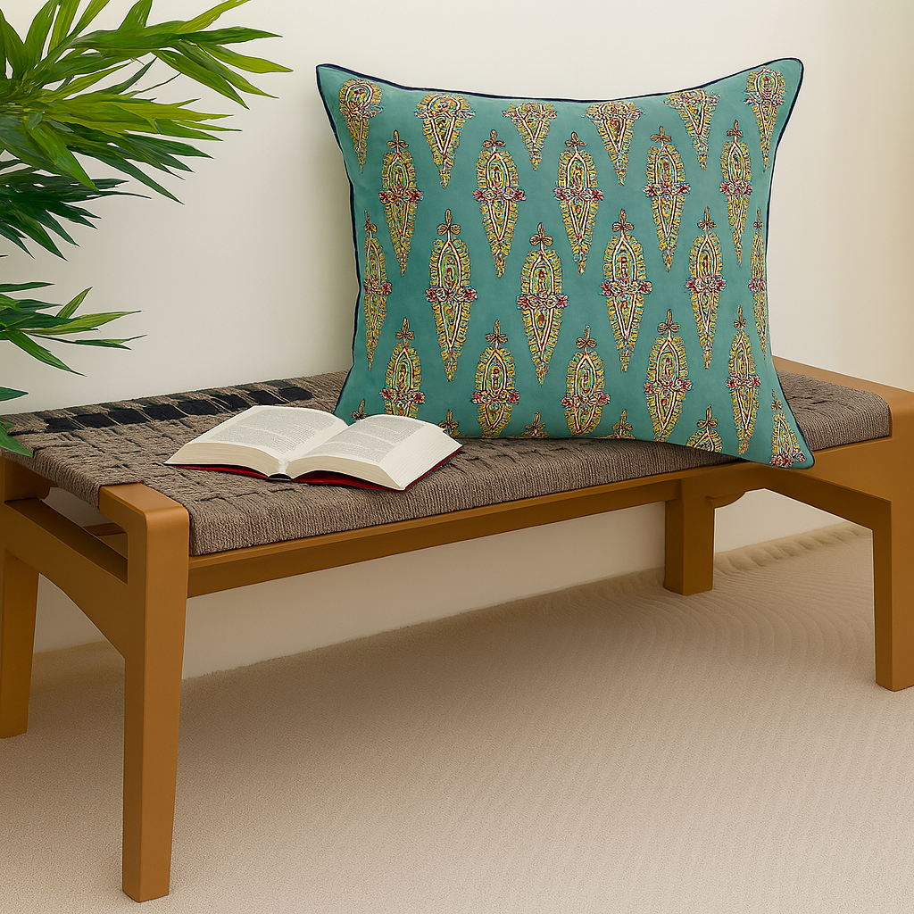 Rang Motif Cushion Cover 20x20 – Teal Cotton Throw Pillow with Embroidered Paisley Pattern - Habitt
