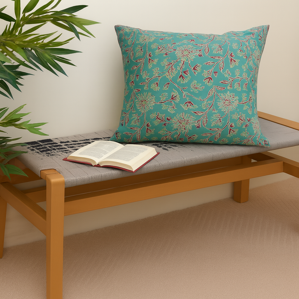 Naqsh Cotton Cushion Cover – 18x18 Inch Floral Teal Decorative Throw Pillow Case - Habitt
