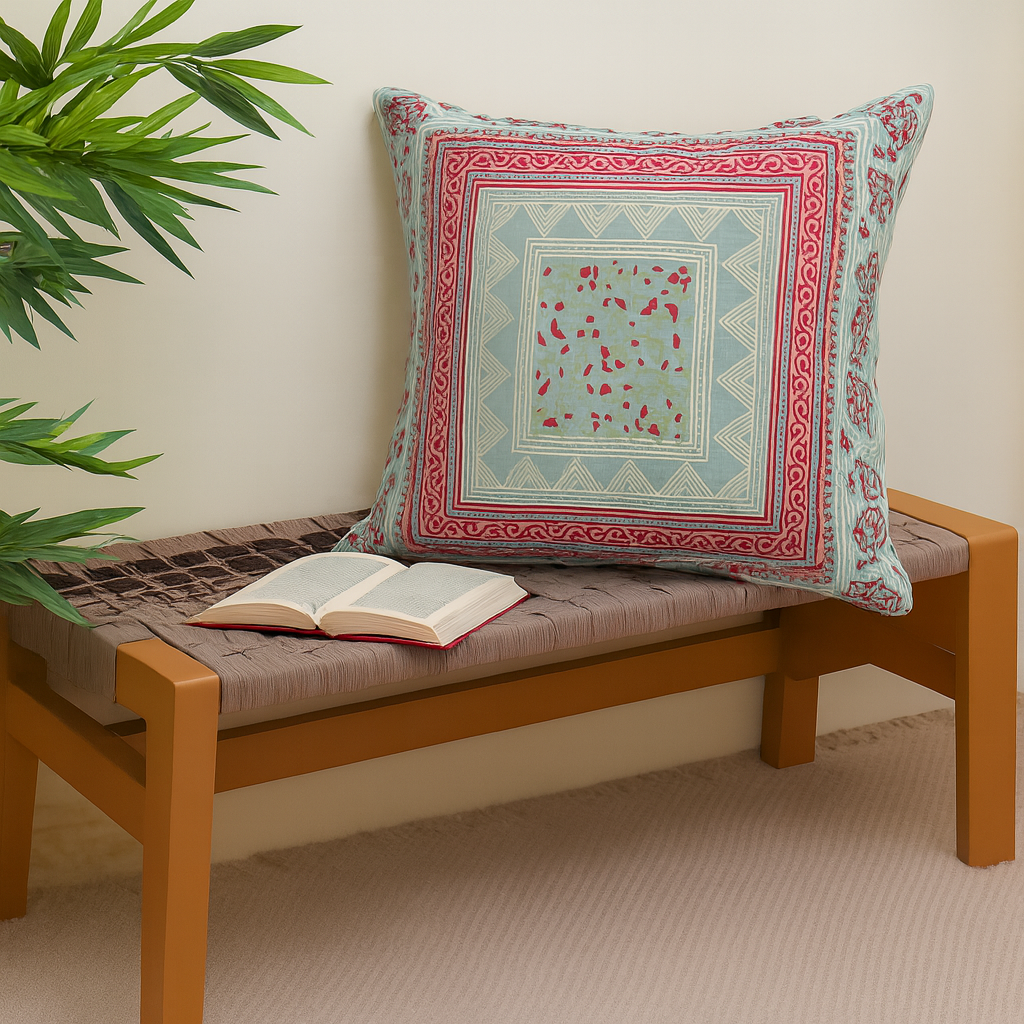 Noor Jaal Cotton Cushion Cover – 18x18 Inch Square Vintage Block Print Throw Pillow - Habitt