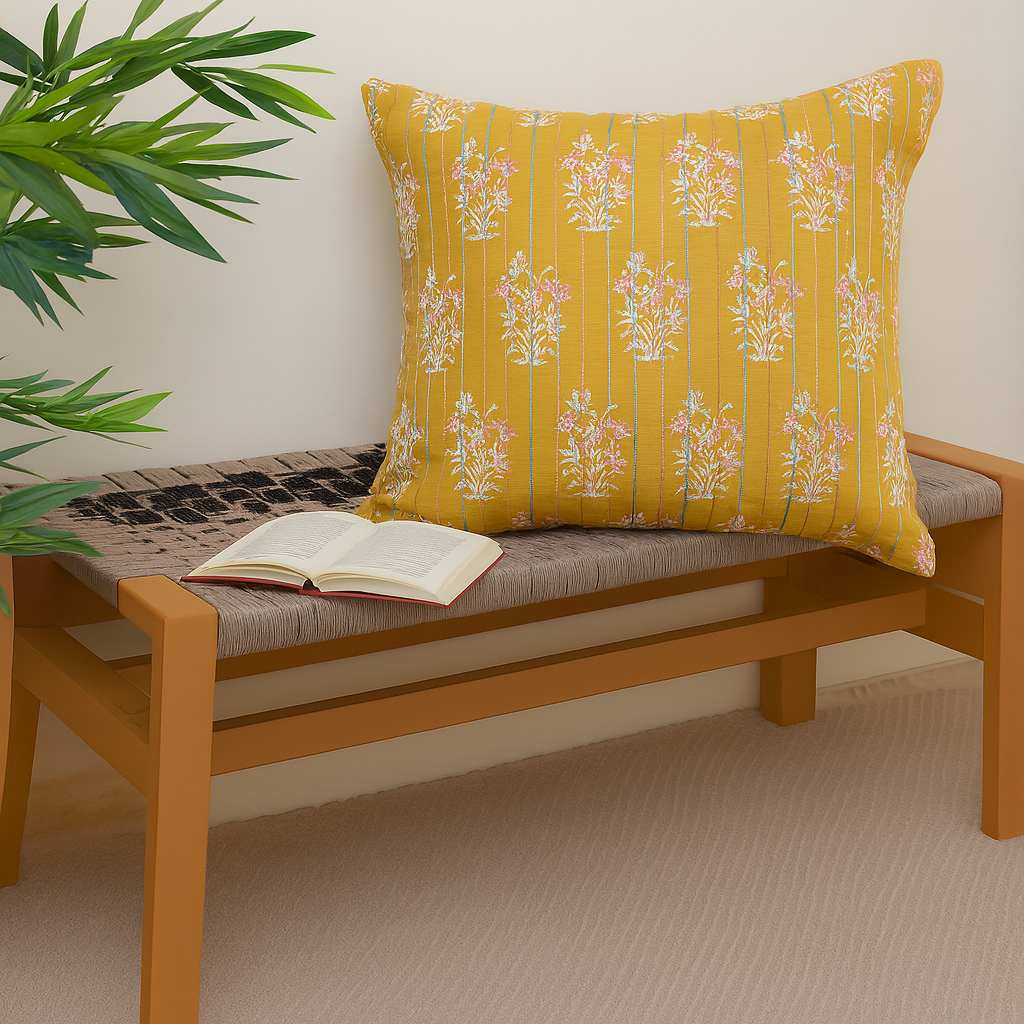 Rang Mahal Cushion Cover 18x18 – Mustard Yellow Cotton Embroidered Floral Throw Pillow - Habitt