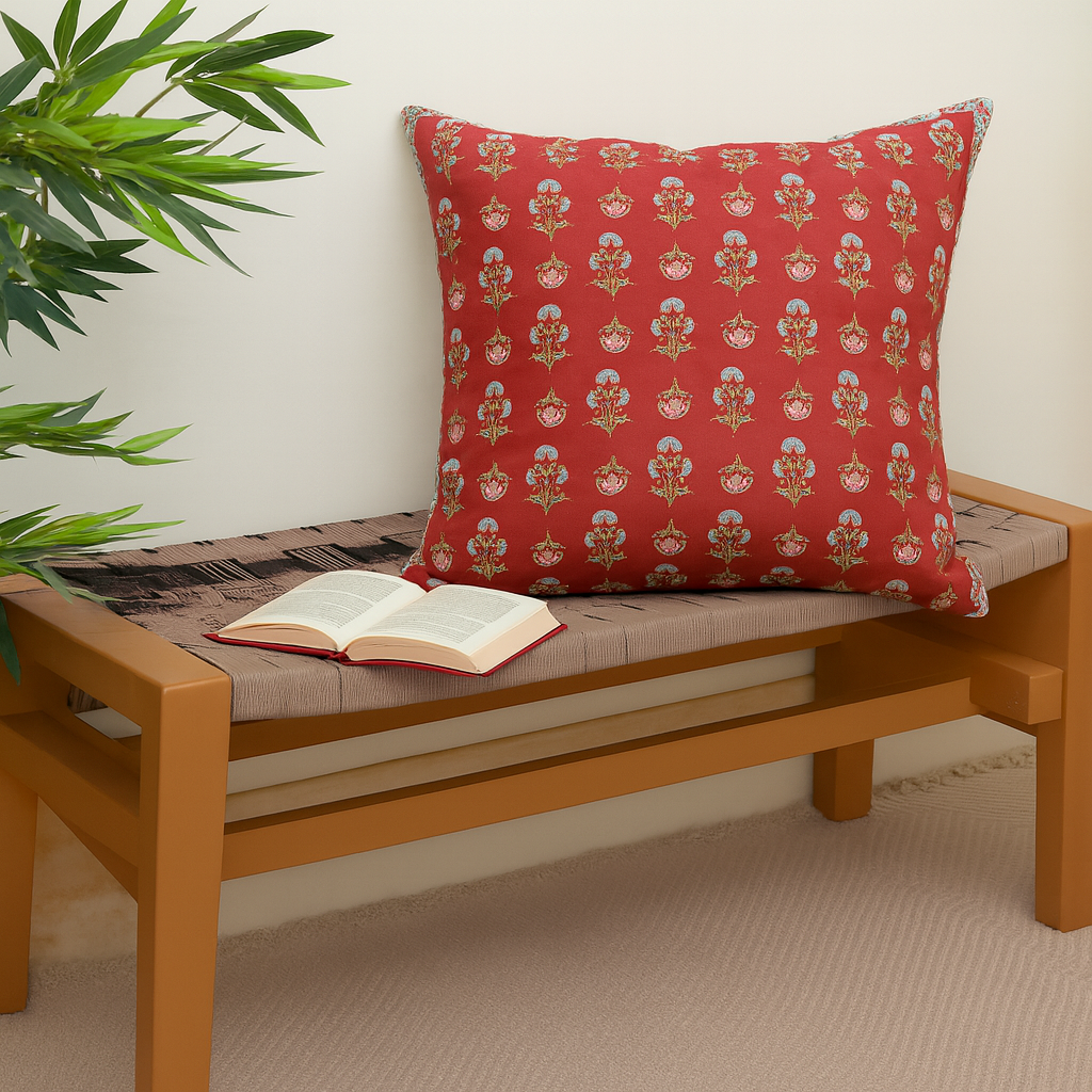 Shalimar Buta Cushion Cover 18x18 – Traditional Floral Red Cotton Throw Pillow Cover - Habitt