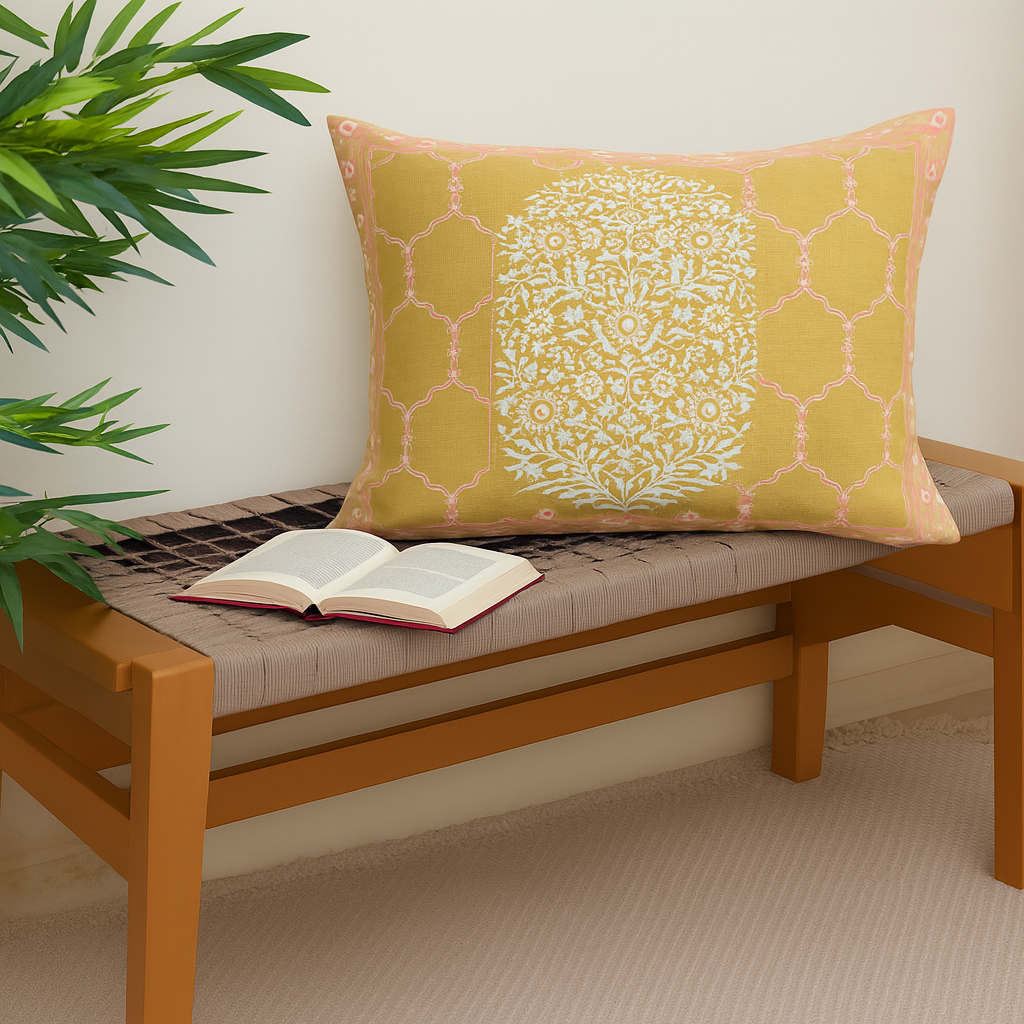 Zareen Cushion Cover 12x18 – Yellow Floral Block Print Cotton Lumbar Pillow - Habitt