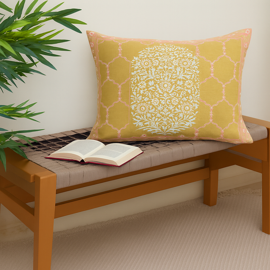 Zareen Cushion Cover 12x18 – Yellow Floral Block Print Cotton Lumbar Pillow - Habitt