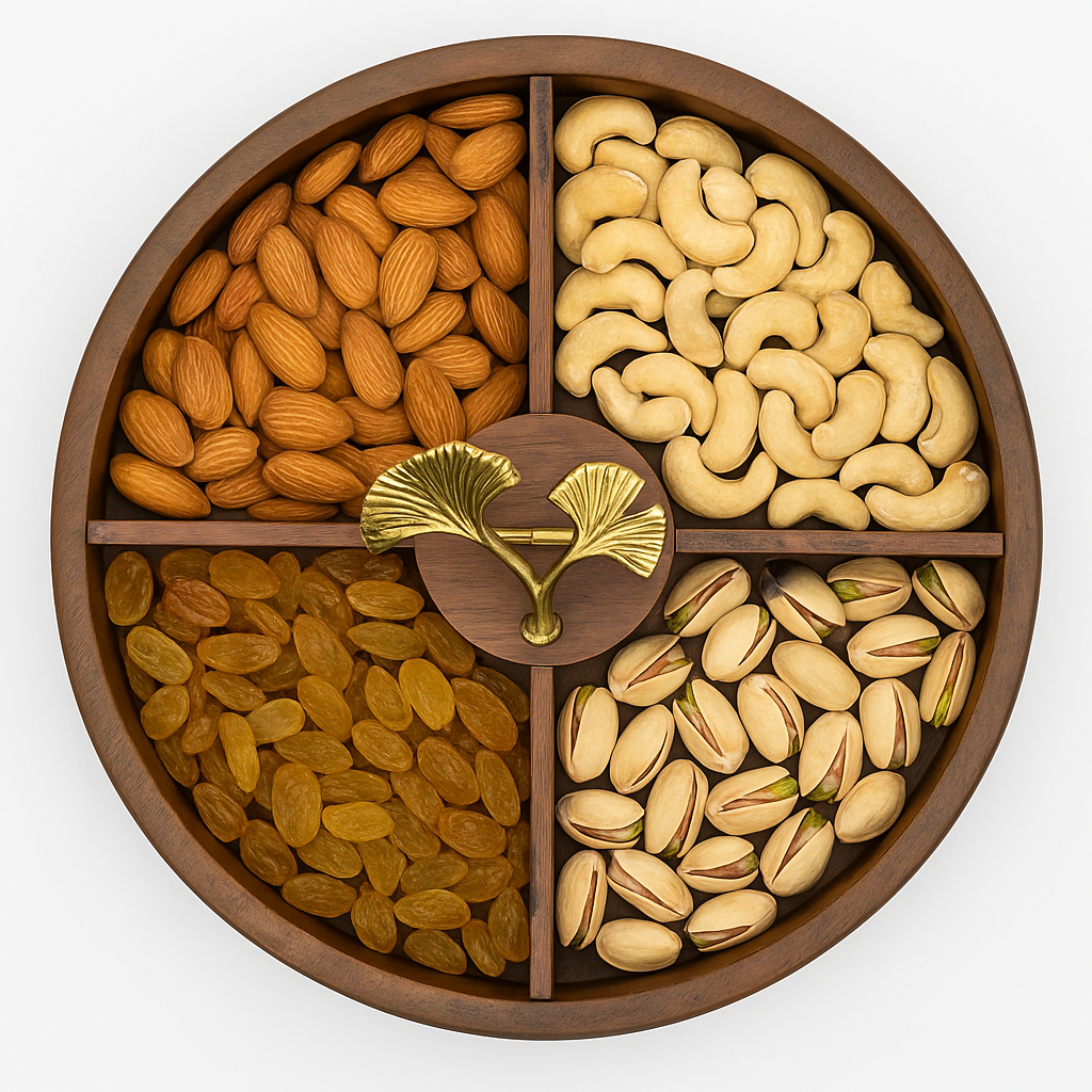 Round Wooden Dry Fruit Box – Glass Lid with Golden Leaf Handle - Habitt