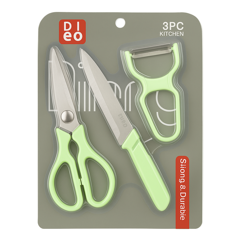 3 Pcs  Kitchen Knife, Scissors & Peeler Set – White, Green, Pink - Habitt