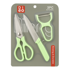 3 Pcs  Kitchen Knife, Scissors & Peeler Set – White, Green, Pink - Habitt