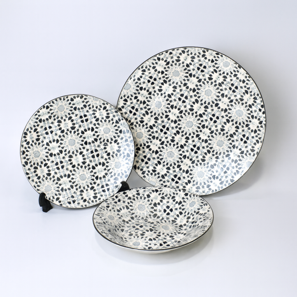 6 Person (18pcs) Grey Floral Medallion Plate Set – Elegant Ceramic Dinnerware Collection - Habitt