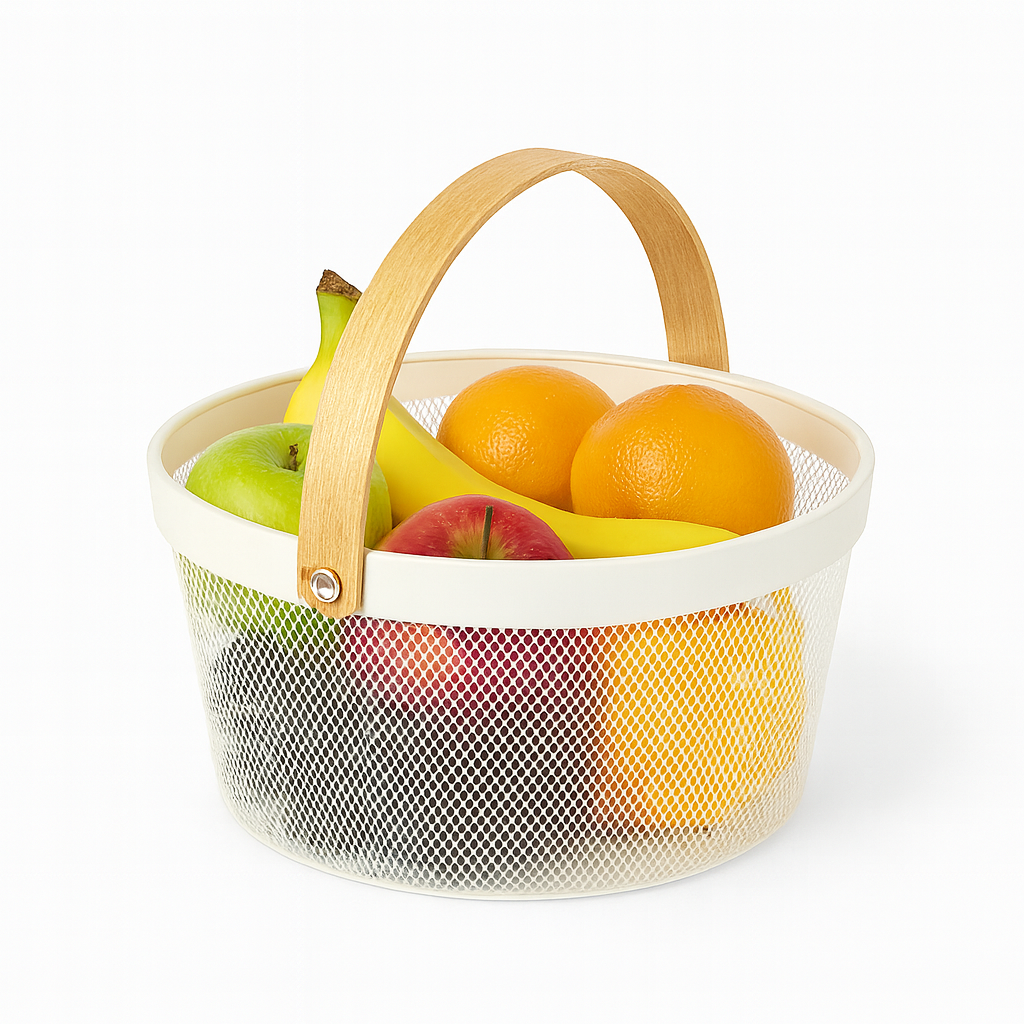 Fruit Basket with Bamboo Handle – 10 × 7 Inch (White) - Habitt