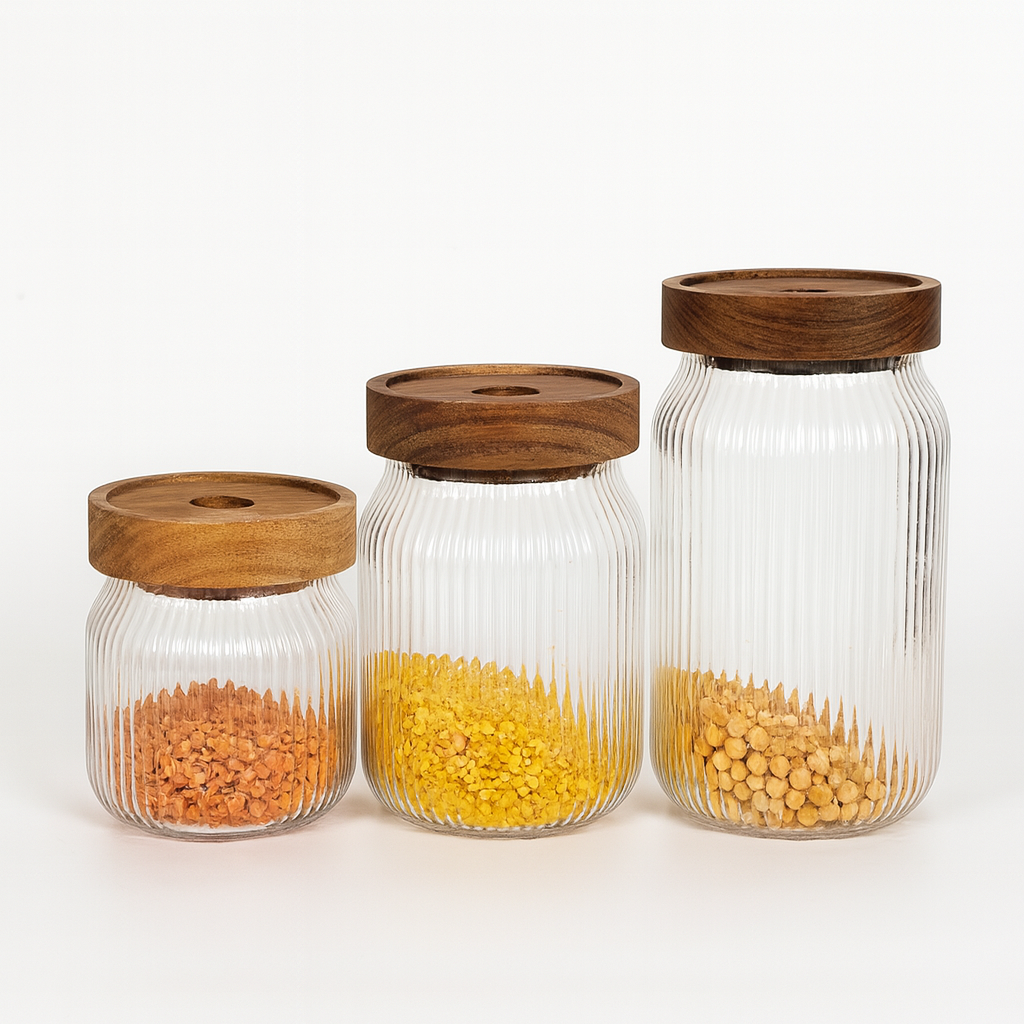 3 Pcs Glass Jar Set with Wooden Lid – Ribbed Airtight Kitchen Storage Containers (KDJ-03) - Habitt