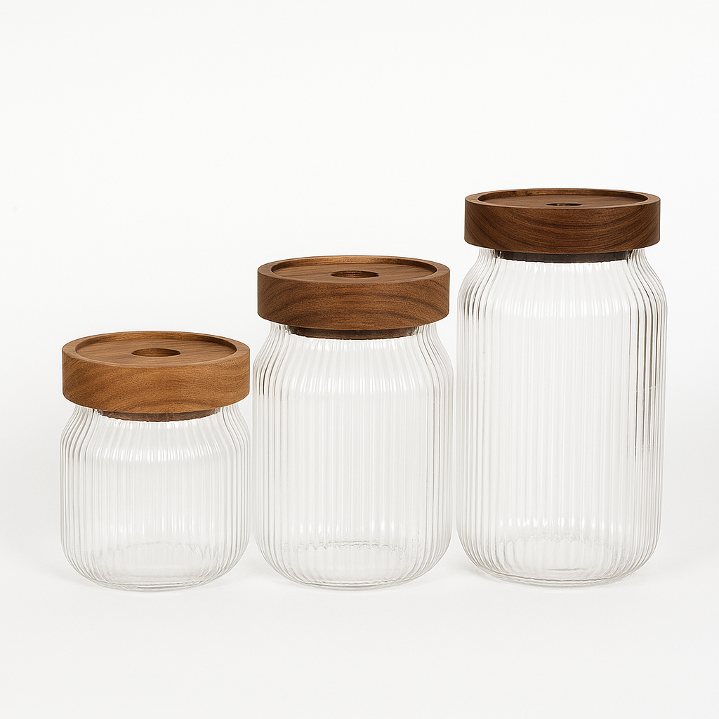 3 Pcs Glass Jar Set with Wooden Lid – Ribbed Airtight Kitchen Storage Containers (KDJ-03) - Habitt