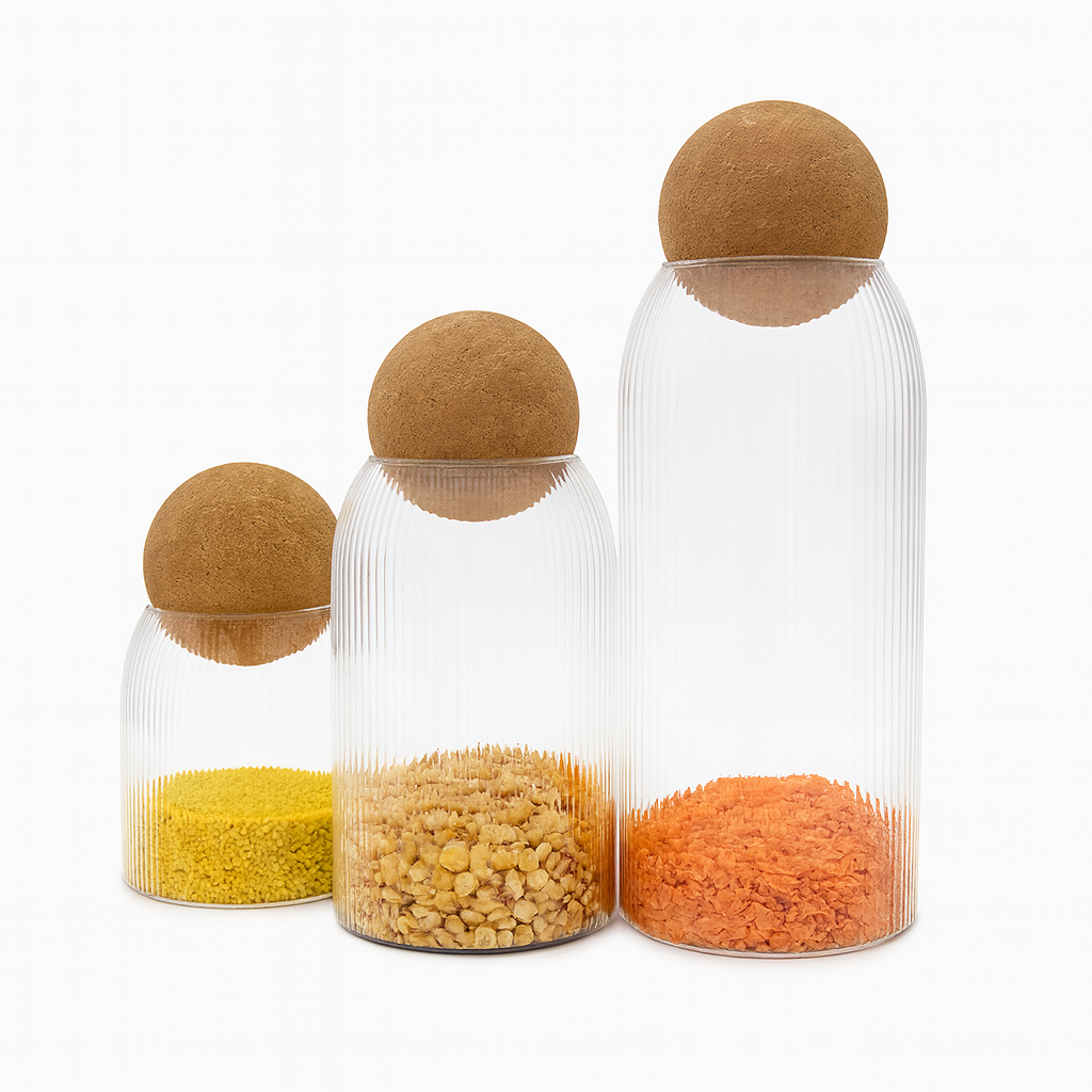 3 Pcs Glass Jar Set with Cork Lid – Airtight Kitchen Storage Containers (KDJ-04) - Habitt