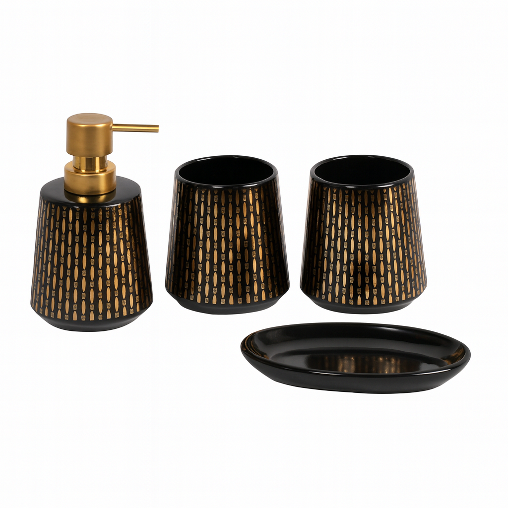 4 Pcs Bathroom Set – Soap Dispenser, Toothbrush Holder, Tumbler & Soap Dish – Ceramic with Modern Cut-Out Design – 2 Colours Black and White - Habitt