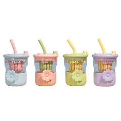 1Pc Cute Flower Glass with Straw & Lid – 1 Pc Drinking Cup (Purple, Blue, Pink, Green) - Habitt